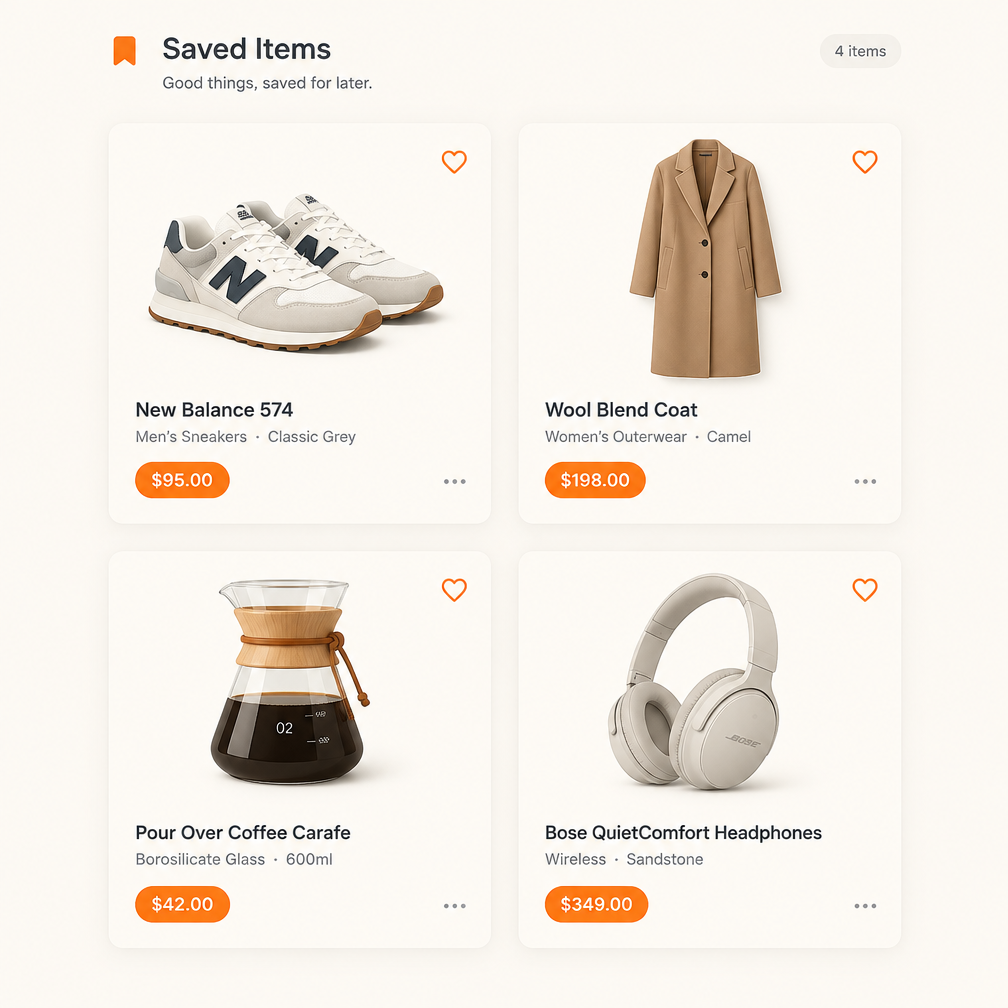 A grid of neatly organized saved shopping items with store tags and current prices